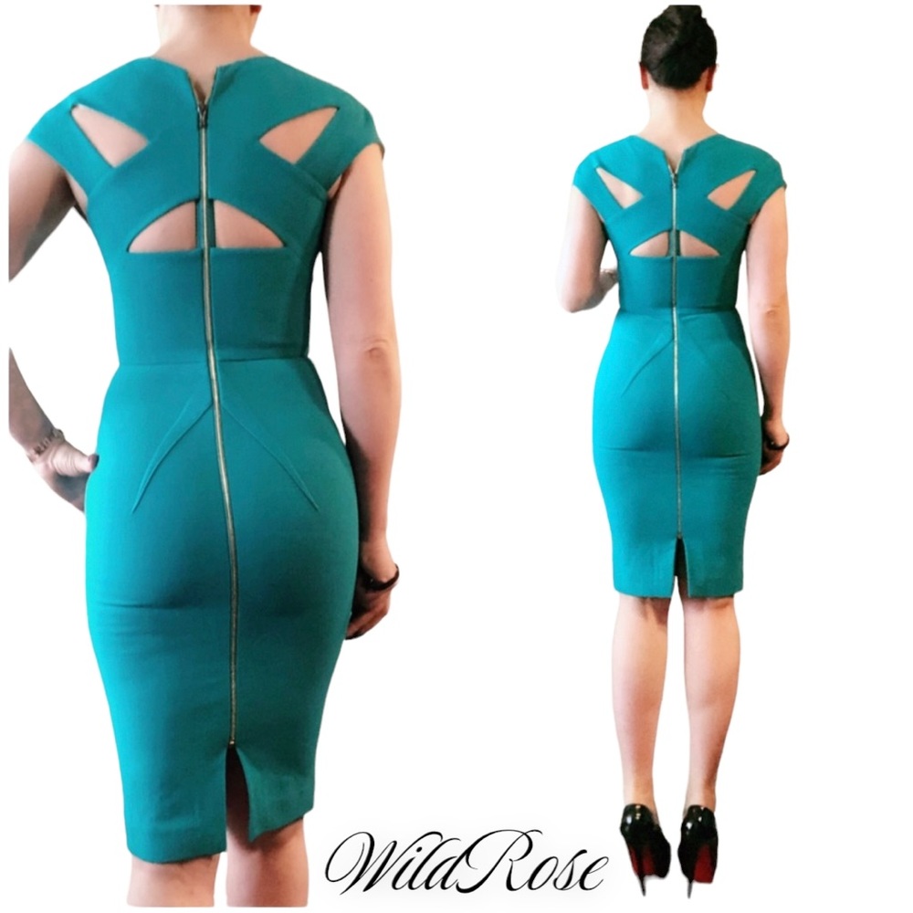 Roland Mouret Blue Green Cut Out Back Sheath Dress SZ 6 - Picture 2 of 14